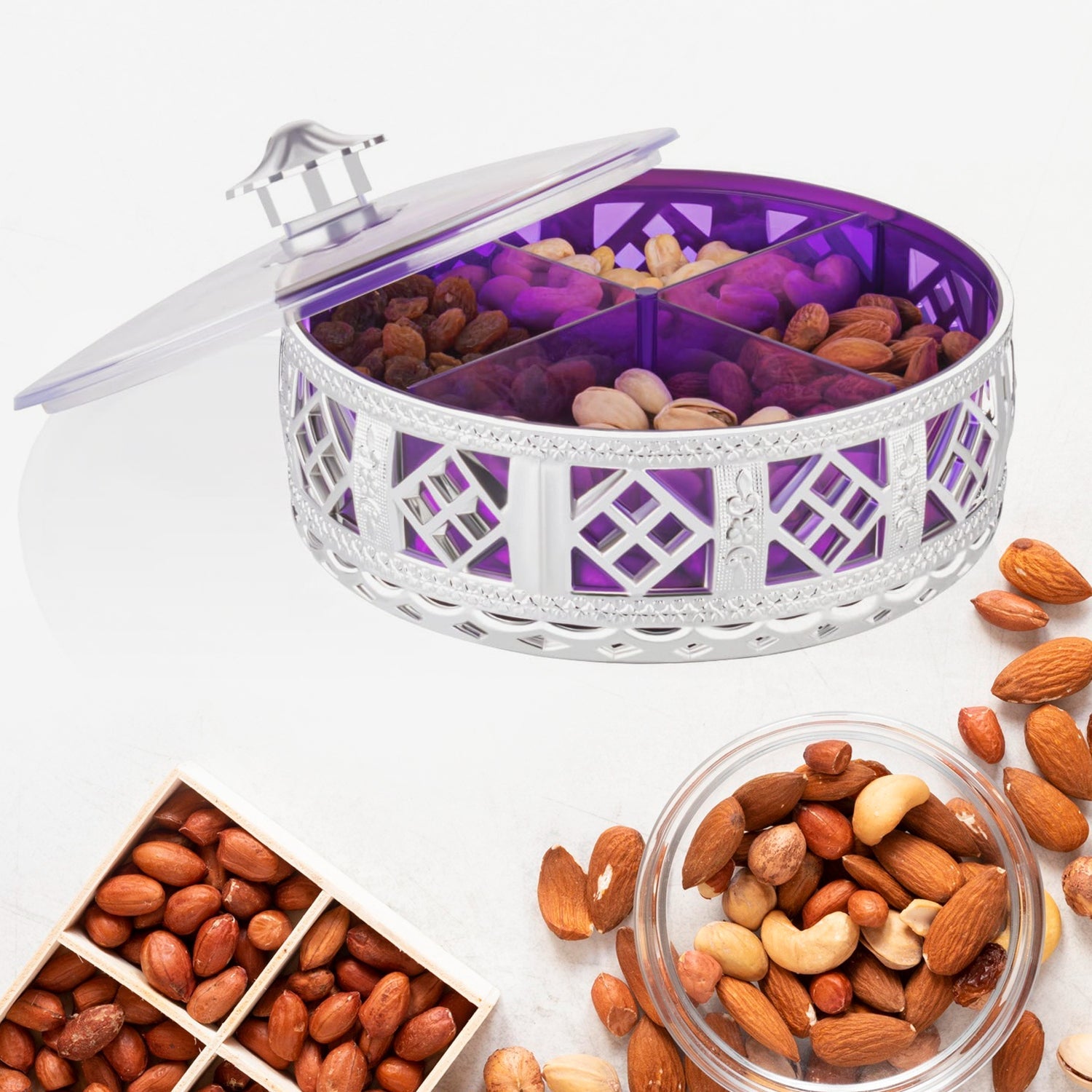 4-Compartment Round Silver Box for Dry Fruits 4-Compartment Round Silver Box for Dry Fruits